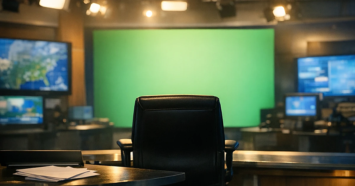 Empty television weather studio chair silhouetted against glowing green screen and morning light