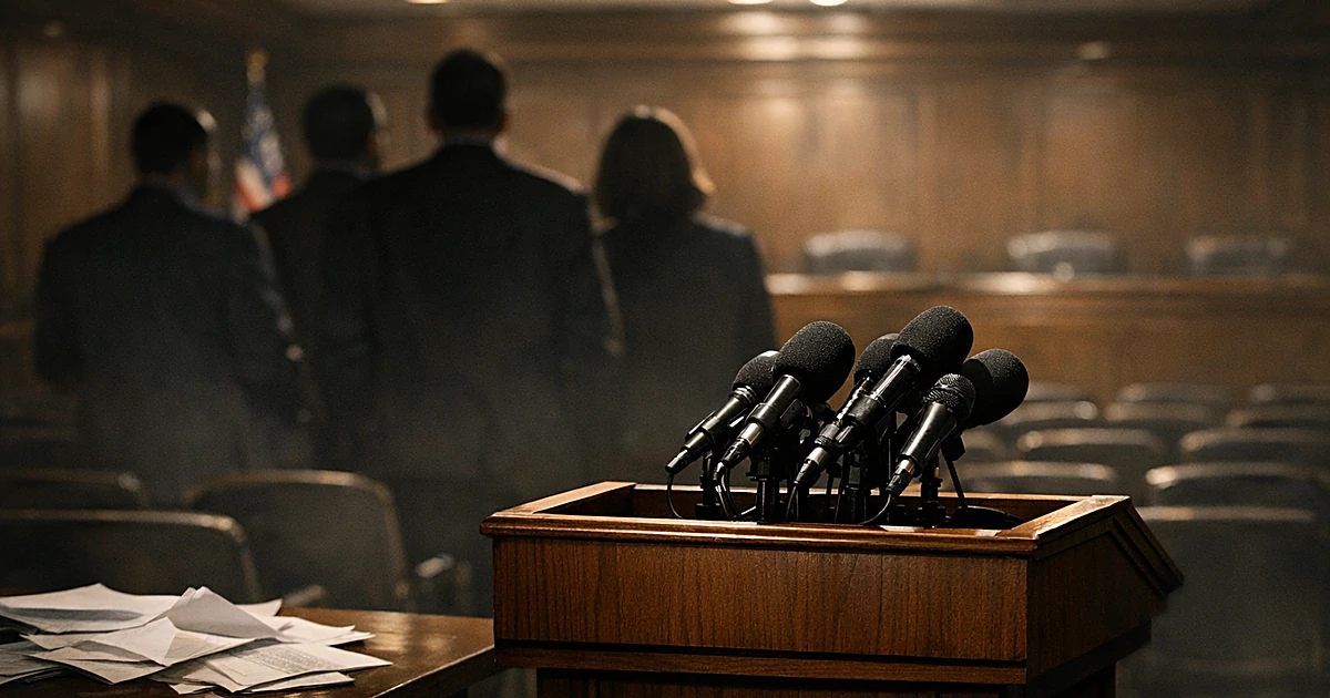 Congressional briefing room with podium, microphones, and silhouetted figures standing in background