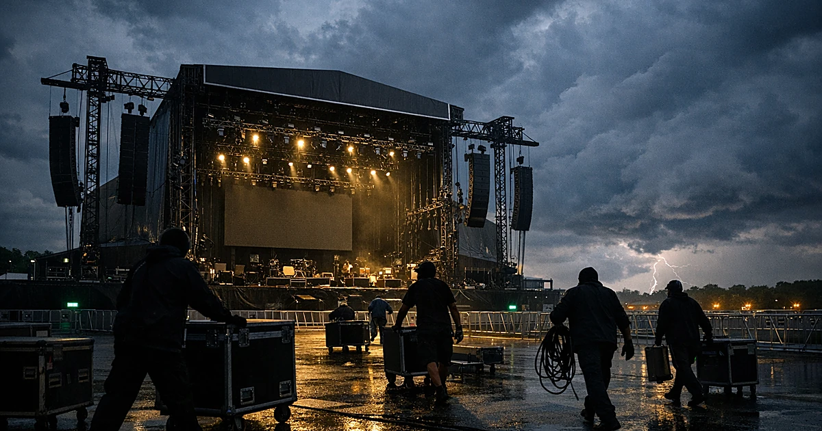 Empty outdoor festival stage at dusk with storm clouds overhead and crew silhouettes dismantling equipment