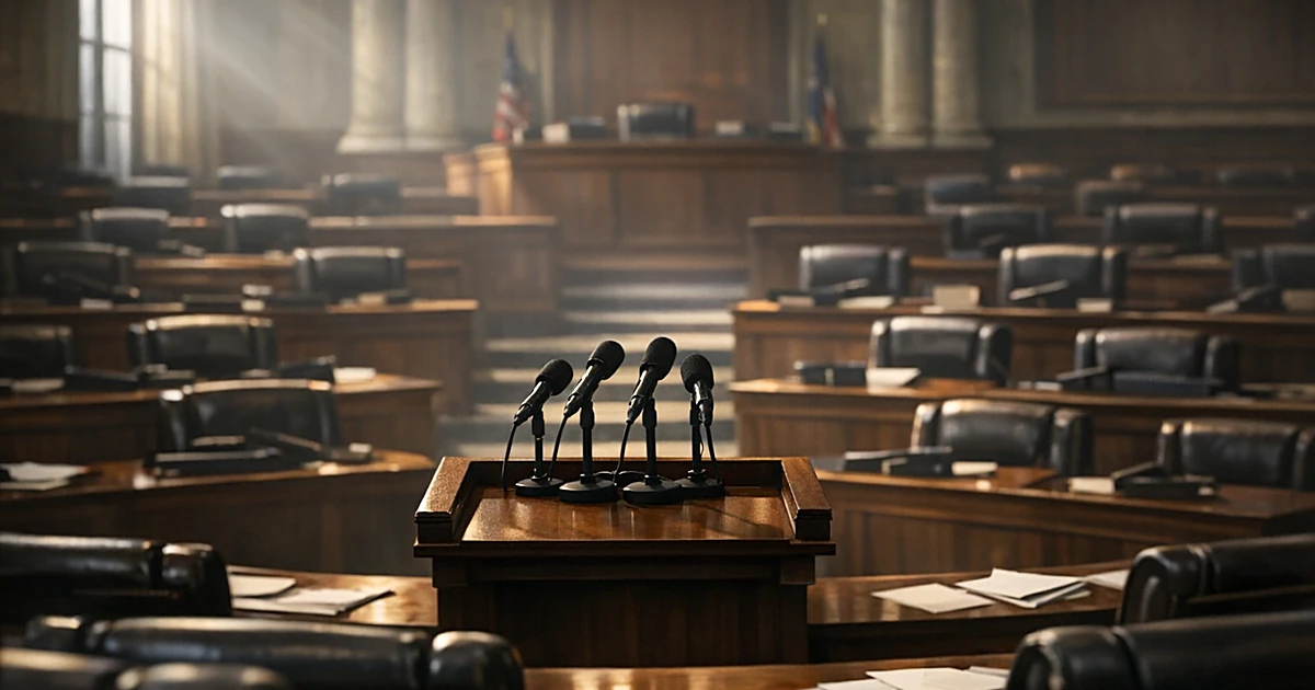 Empty legislative chamber with wooden desks, leather chairs, and podium with microphones in dramatic window light