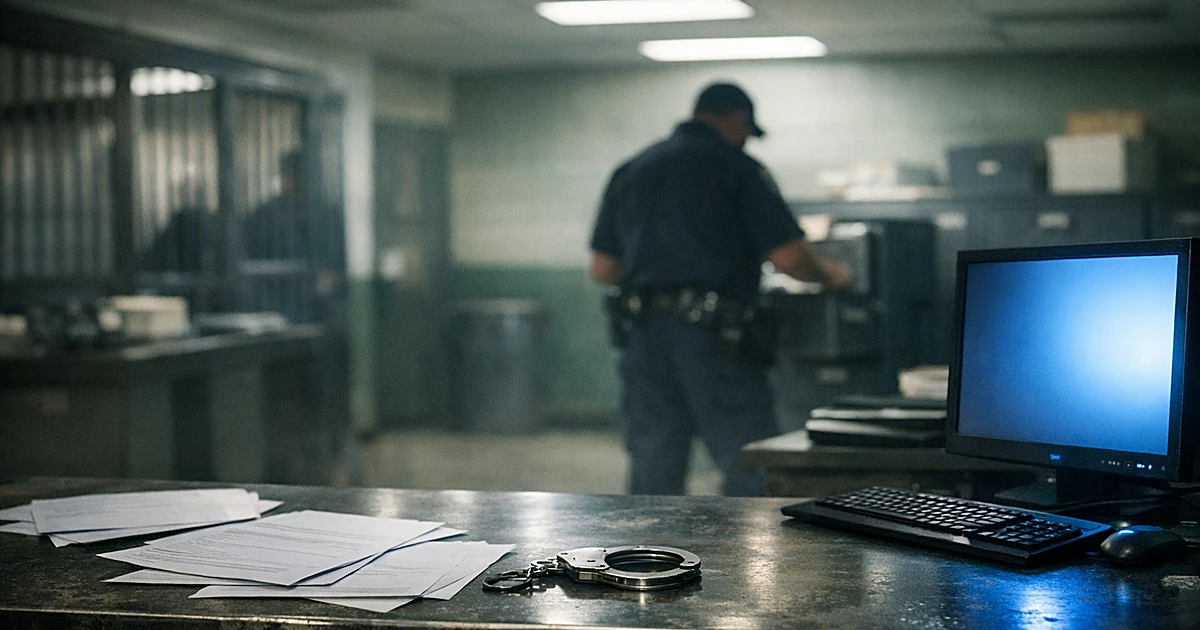 Police booking station desk with forms and glowing monitor, silhouetted officer in background under fluorescent lights
