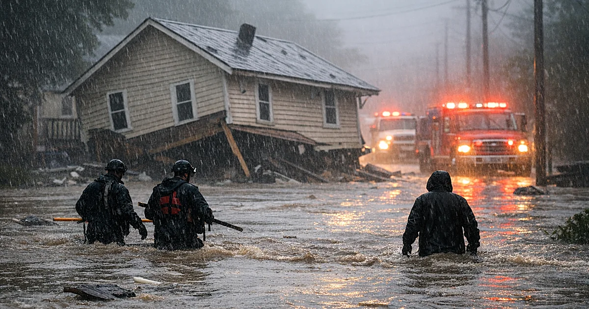 Flooded residential street with house displaced from foundation and emergency lights flashing through rain