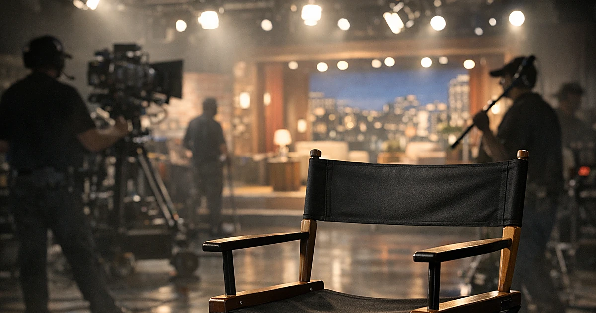 Empty director's chair on comedy studio set with crew silhouettes moving equipment in background