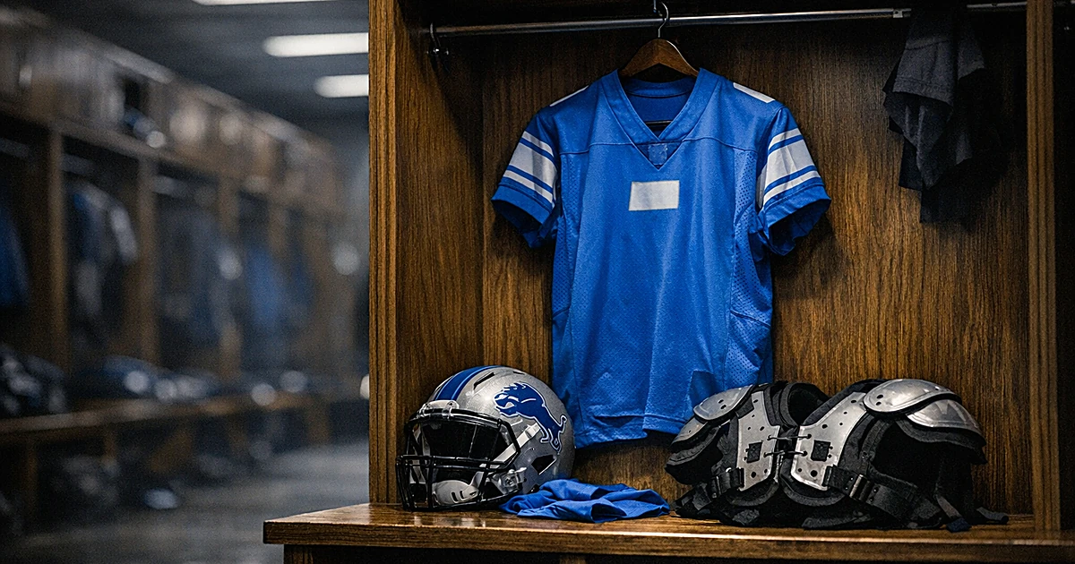 Empty football locker with Detroit Lions jersey and equipment left on bench in dimly lit locker room