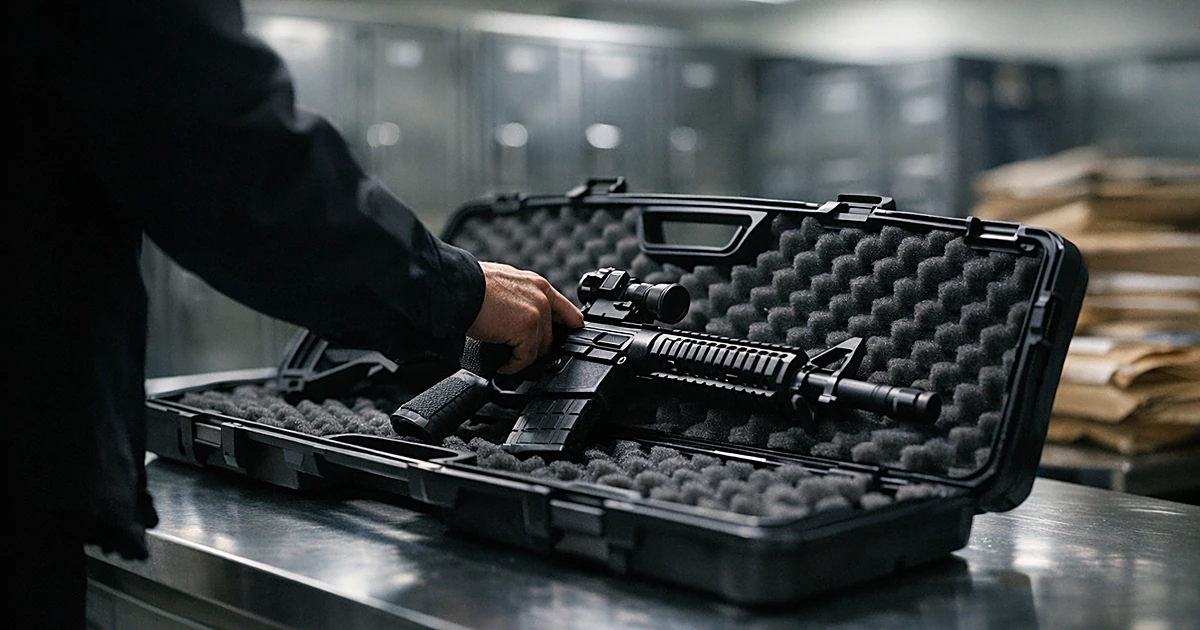 Silhouetted hand reaching for rifle case on police evidence room counter with blurred lockers in background