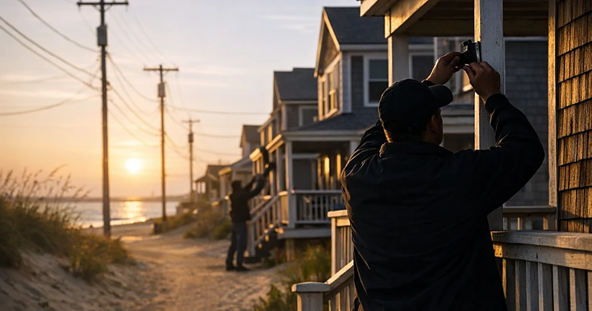 Silhouetted person removing American flag from coastal home porch with multiple flags visible along residential street