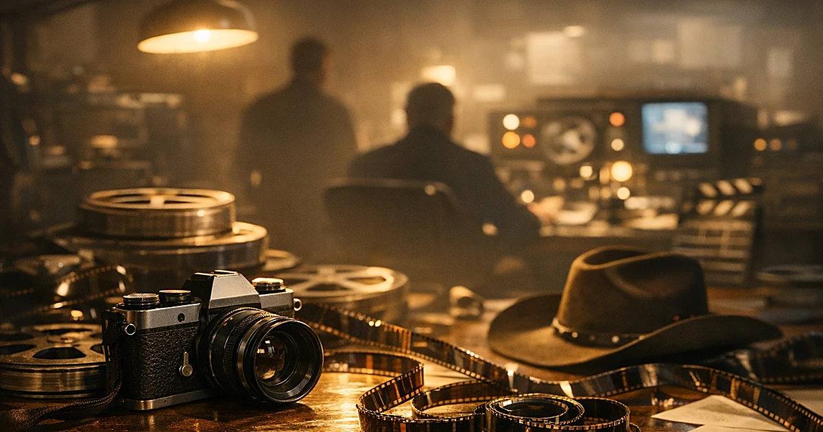 Vintage film camera and reels on editing table with warm lighting in classic Hollywood production setting