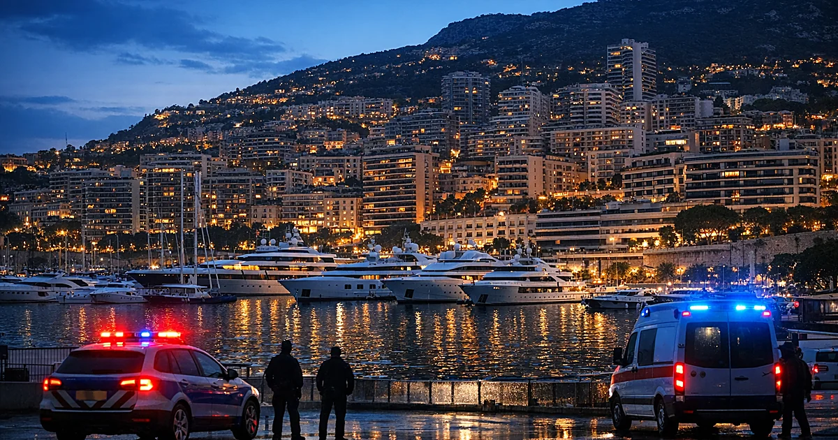 Monaco harbor at dusk with illuminated residential towers and emergency lights reflecting on wet pavement