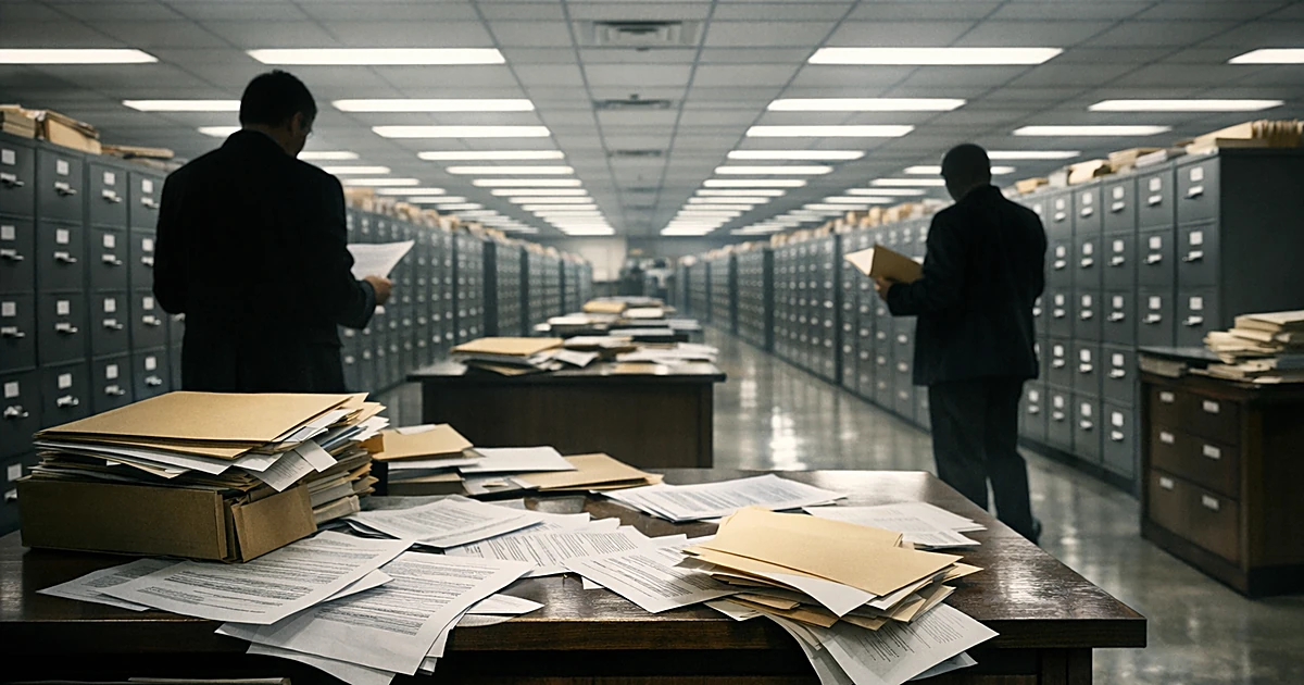Government records facility with filing cabinets, scattered enrollment documents, and silhouetted figures reviewing paperwork