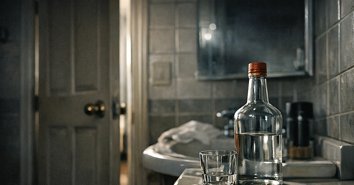 Vodka bottle on bathroom sink edge in dimly lit residential bathroom with closed door