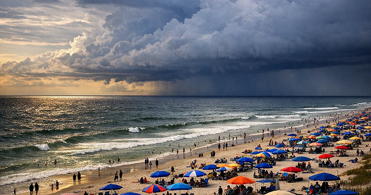 Crowded Atlantic beach with storm clouds gathering over ocean horizon during summer holiday weekend
