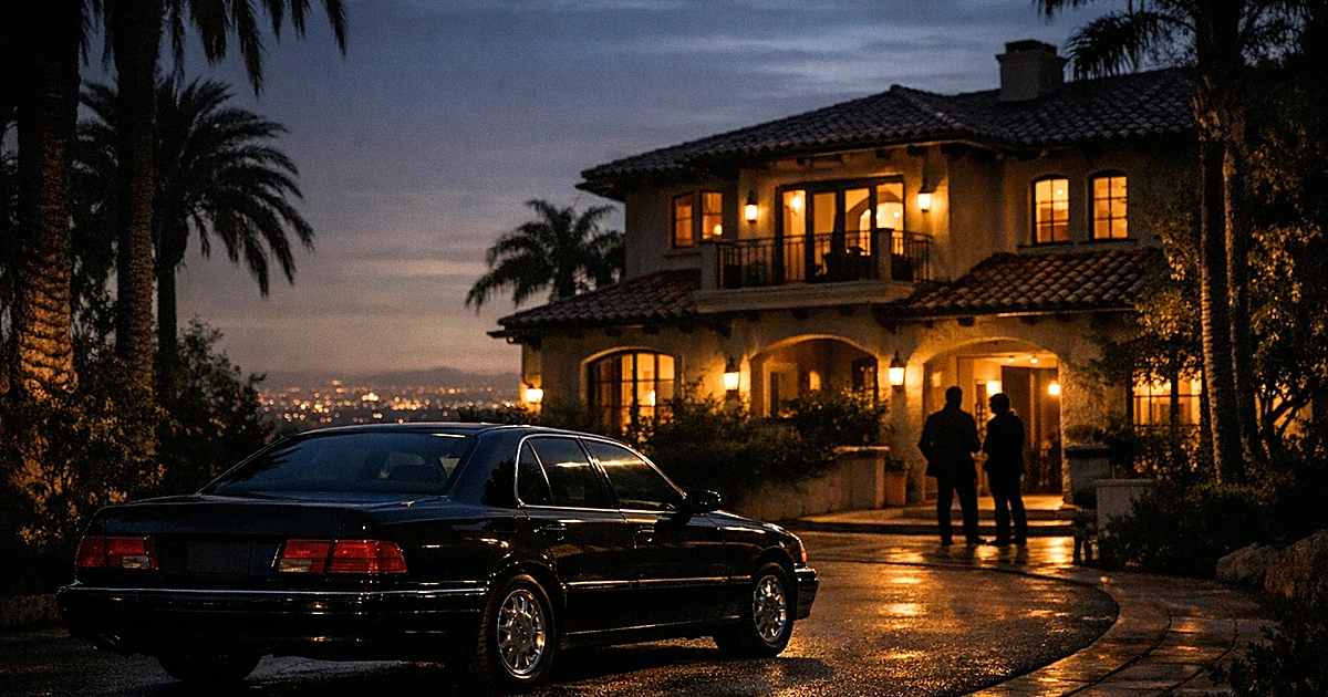 Luxury mansion exterior at dusk with vintage luxury car in driveway, palm trees silhouetted against evening sky