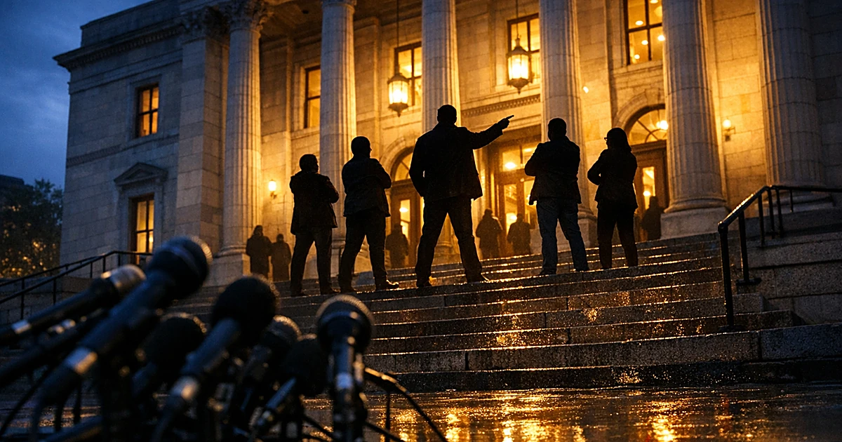 Silhouetted figures on municipal building steps surrounded by microphones at dusk