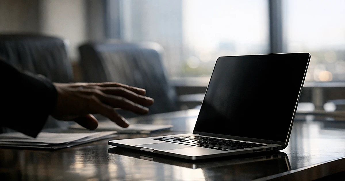 Silhouetted hand reaching toward open MacBook laptop on glass desk in corporate boardroom with blurred background