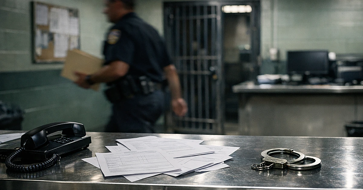 Police booking station interior with processing counter, scattered forms, and silhouetted officer in motion