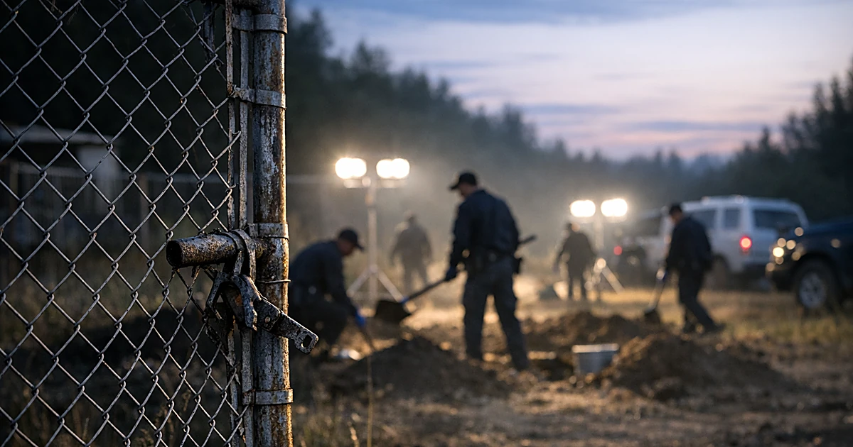 Open damaged kennel gate with silhouetted investigators working in field behind at dusk