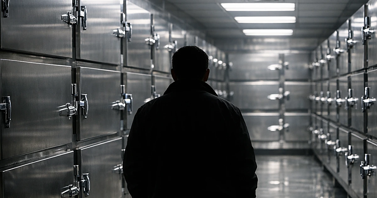 Mortuary cold storage room with rows of refrigerated compartments and silhouetted figure facing the units
