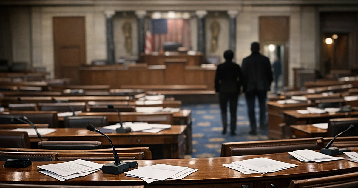 Empty legislative chamber with scattered papers on desks and silhouetted figures departing in background