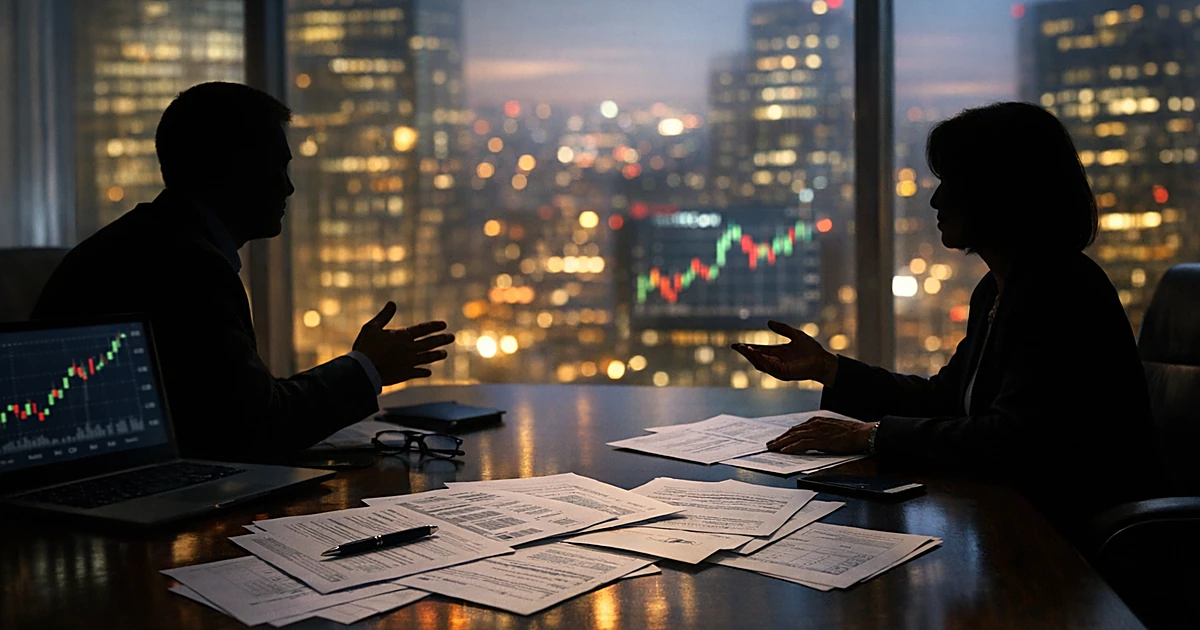 Silhouetted business figures at boardroom table with financial documents and city lights beyond windows