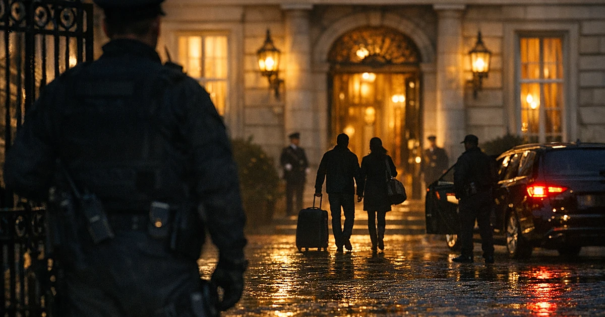 Security officer silhouette stands at royal residence entrance with luxury vehicle in background at dusk