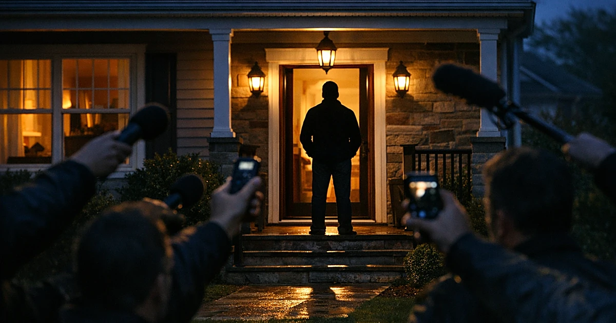 Silhouetted reporters with microphones face a lit doorway where a dark figure stands at dusk