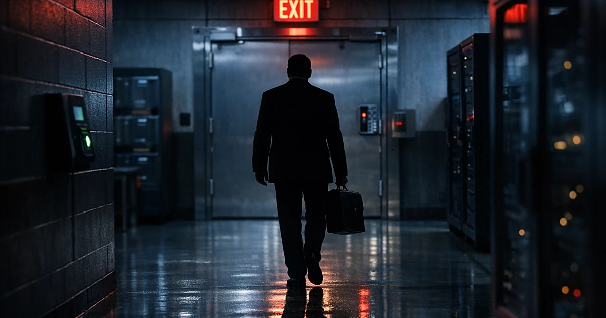 Silhouetted figure walking away through secure Pentagon research facility corridor toward exit