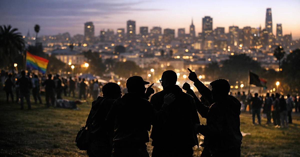 Silhouetted protesters gathered in confrontational groups at San Francisco park during trans march at dusk