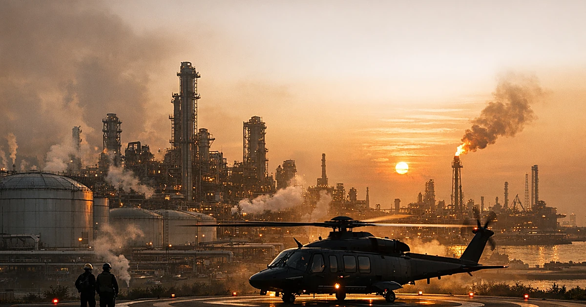 Helicopter on landing pad at large oil refinery complex during dawn with industrial towers and storage tanks