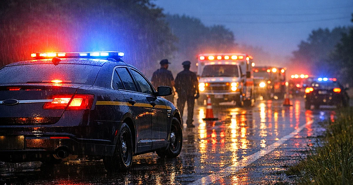 Police vehicle with emergency lights flashing on wet rural Delaware roadway with response vehicles in background