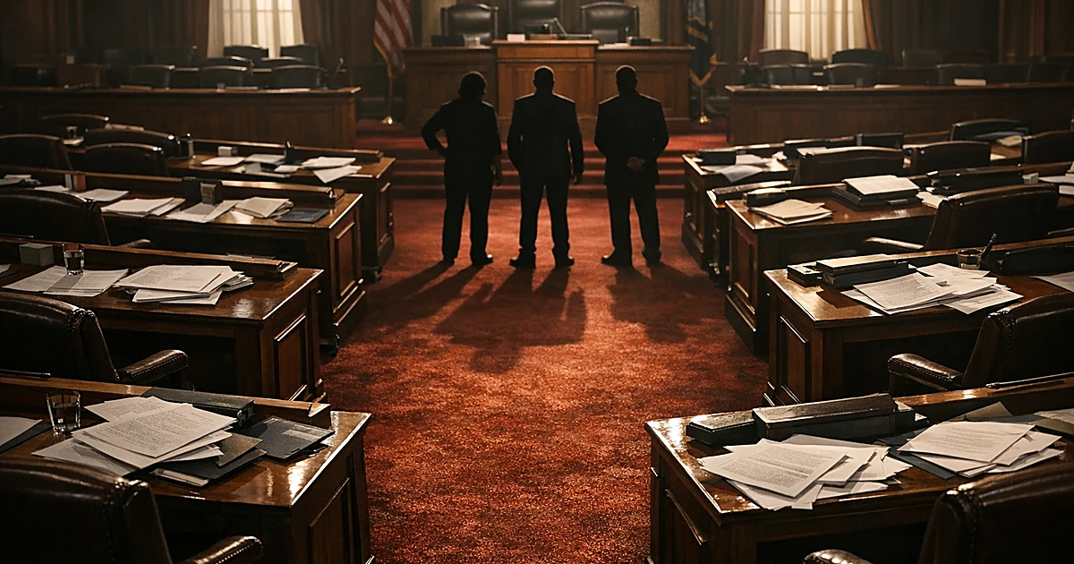 Empty legislative chamber with scattered papers on desks and dramatic window lighting casting shadows across seats