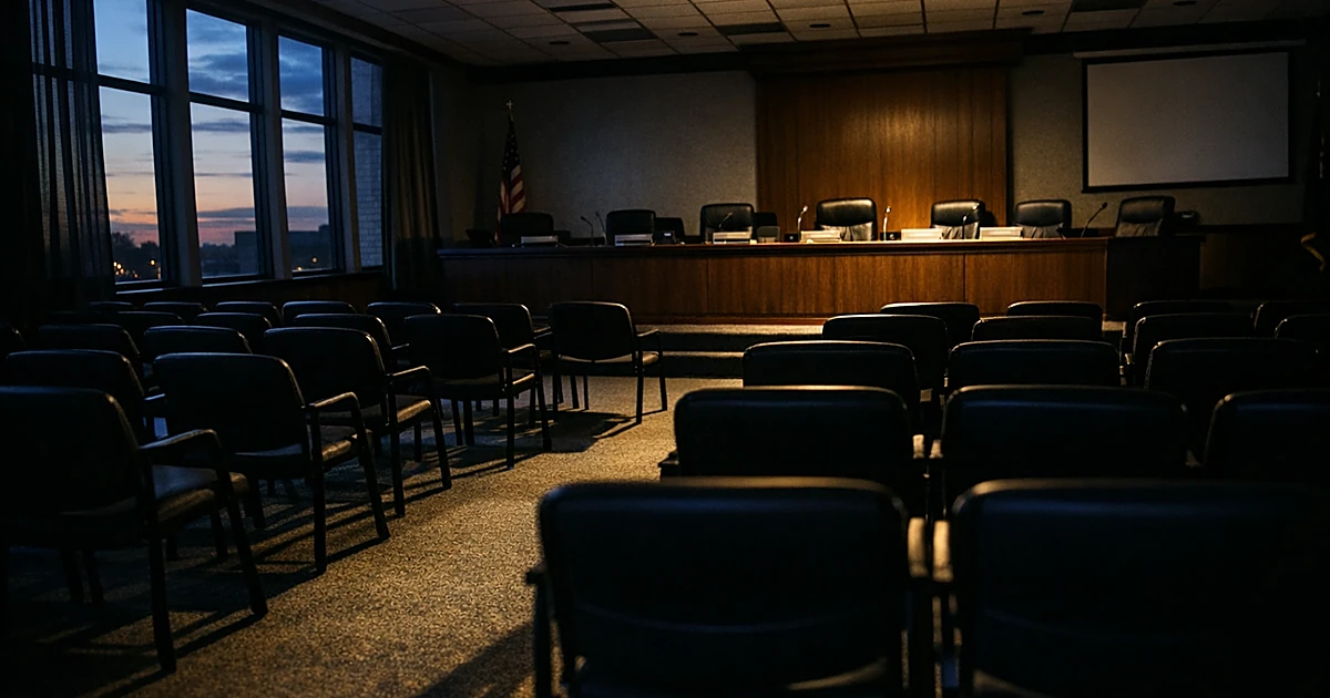 Empty school board meeting room with vacant chairs and panel desk in dramatic window lighting