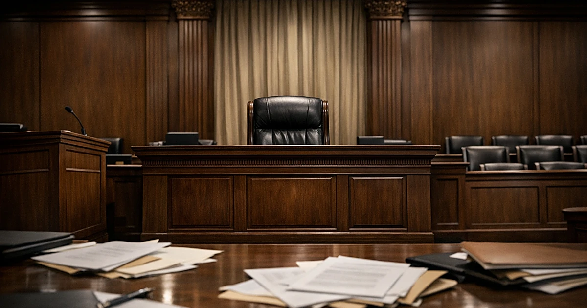 Empty federal courtroom interior showing judicial bench, witness stand, and scattered legal documents on table
