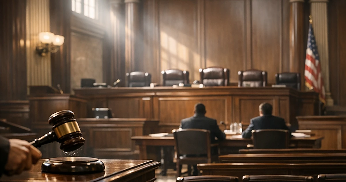 Empty courthouse chamber interior with judicial bench and gallery seating under dramatic natural window light