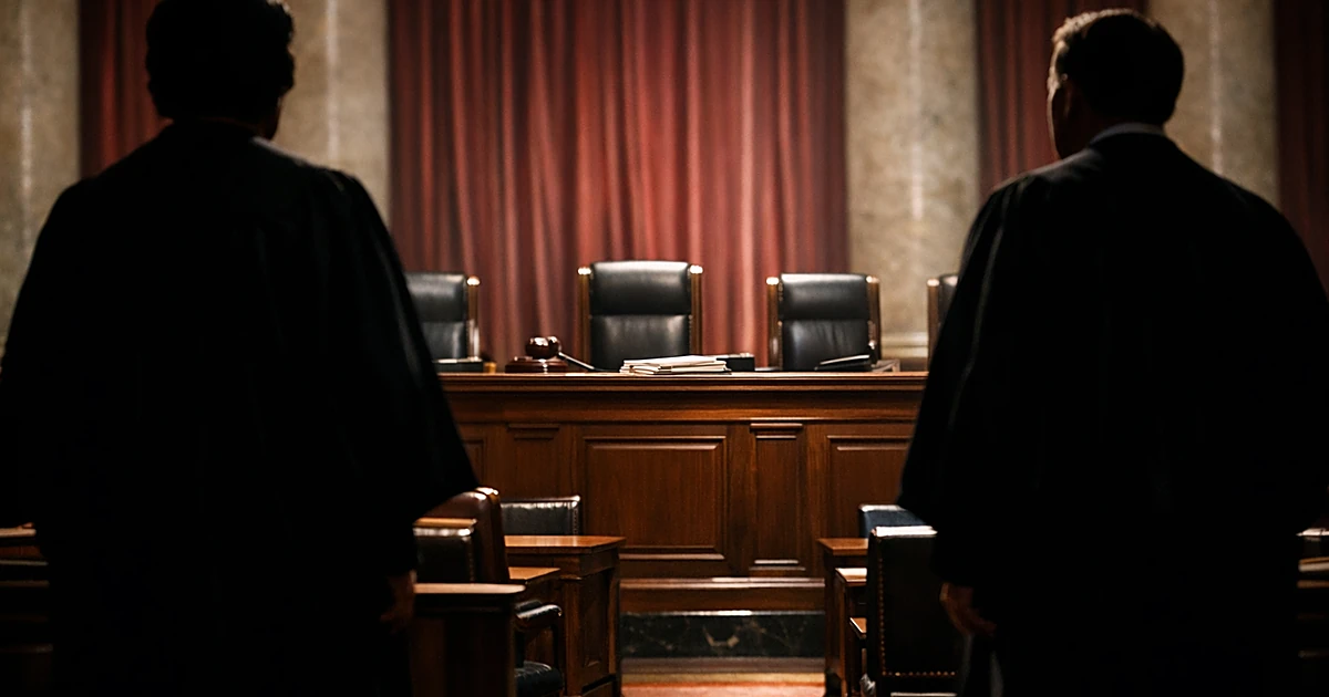 Supreme Court bench interior with two robed silhouettes standing at opposite ends in dramatic lighting