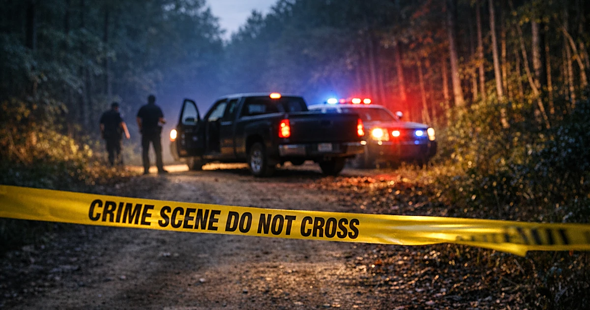 Pickup truck with open door on remote forest road at dusk with crime scene tape and emergency lights