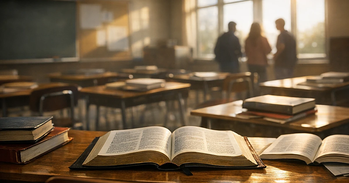Empty classroom desks with open textbooks and reading materials in afternoon sunlight