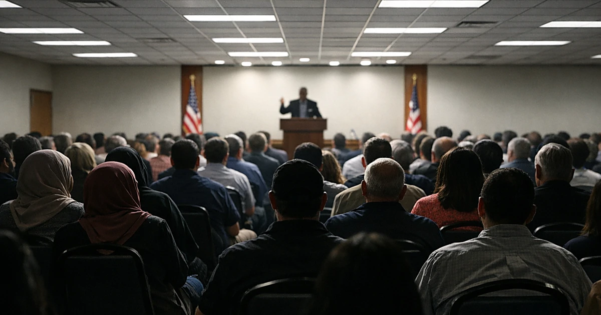 Silhouetted audience members seated in rows at a town hall meeting facing a distant podium under fluorescent lights