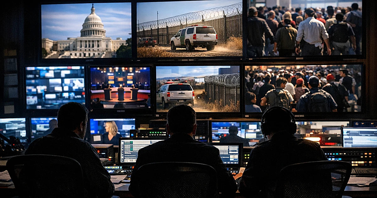 Television studio control room with glowing monitors and silhouetted production staff at work