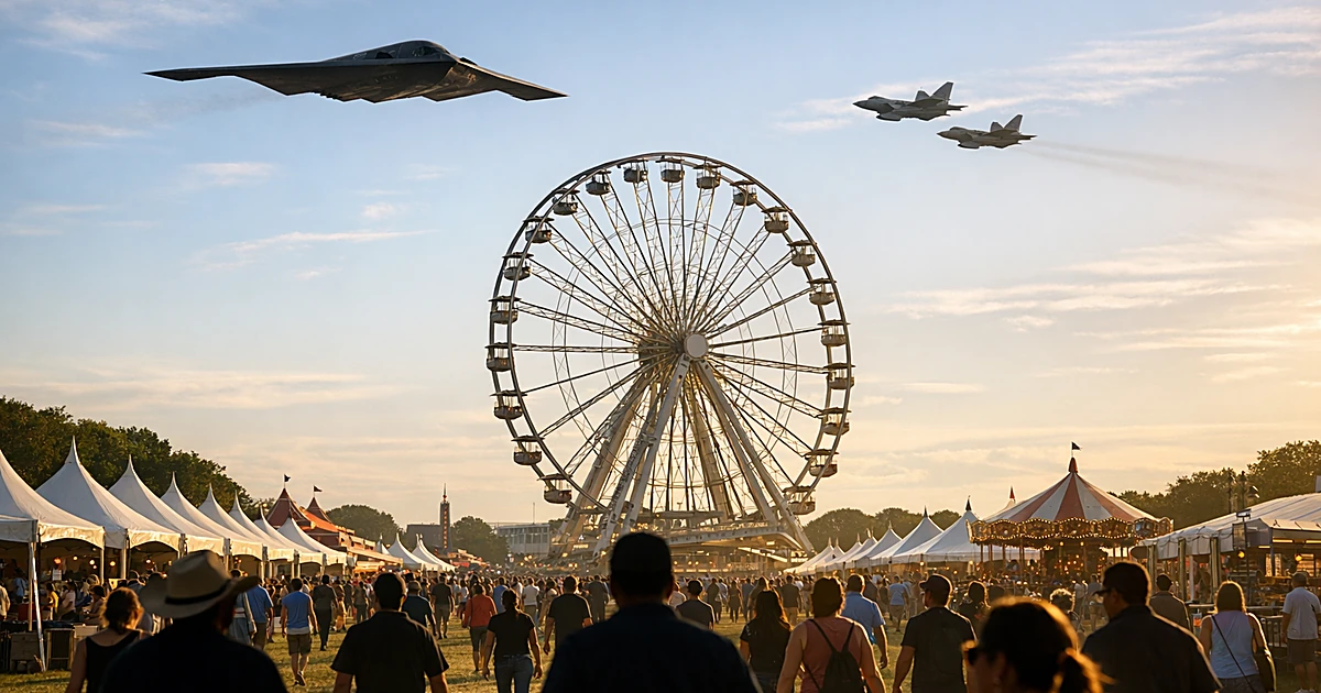 Large Ferris wheel and exhibition tents on National Mall with crowds and military aircraft overhead at golden hour