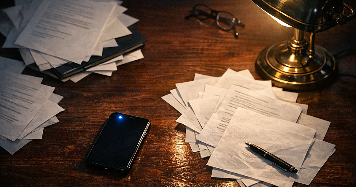 Desk with scattered papers and glowing smartphone in dramatic late-night office lighting