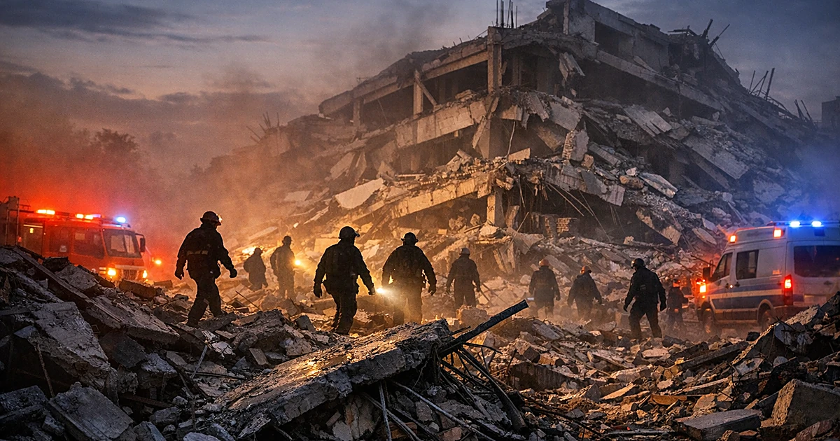 Collapsed concrete building with emergency lights illuminating rubble and rescue workers in silhouette at dusk