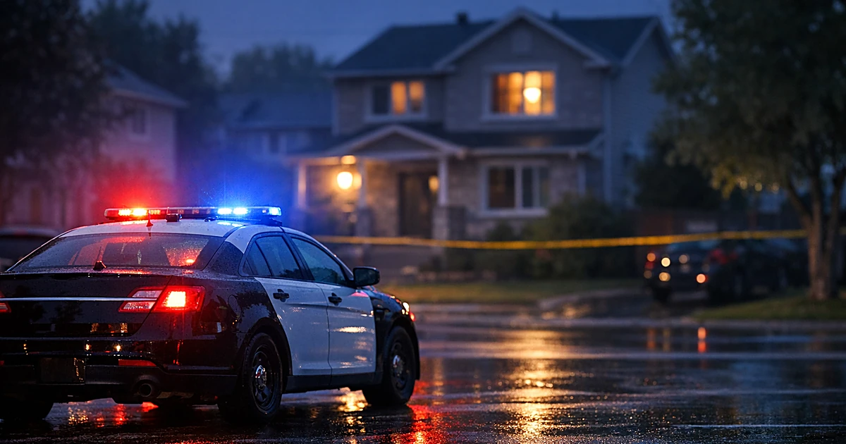 Police cruiser with flashing lights parked in front of suburban home at dusk with wet pavement reflections