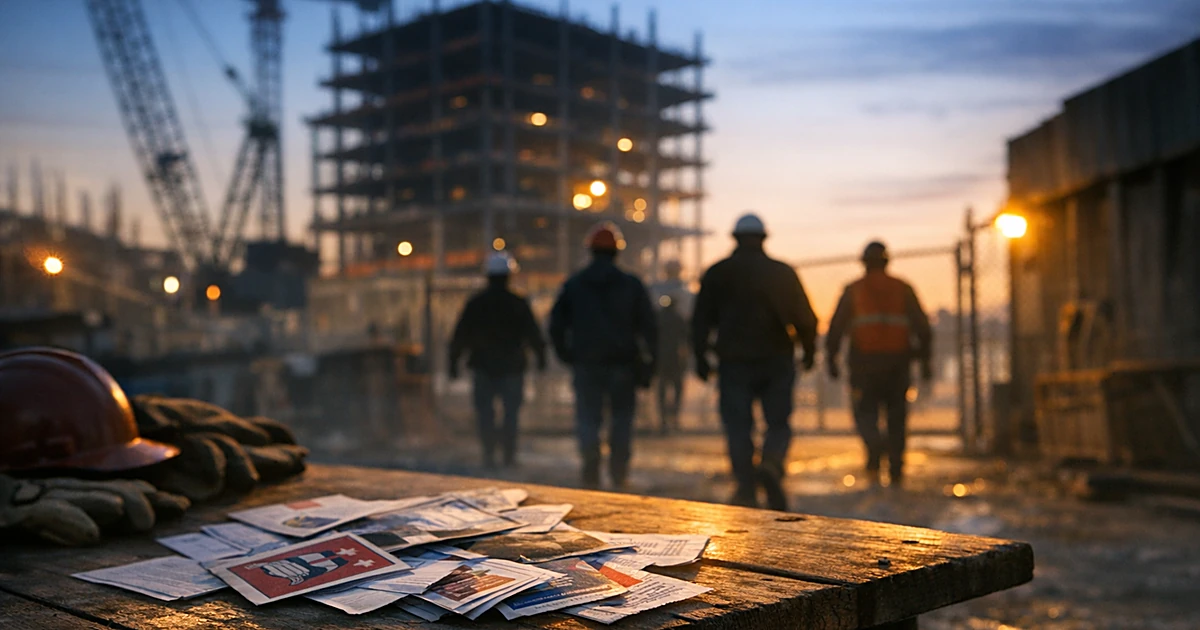 Silhouetted construction workers walking away from job site at dusk with abandoned union materials on table