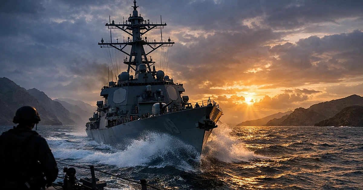 U.S. Navy destroyer navigating through choppy waters of the Strait of Hormuz at dusk with dramatic lighting