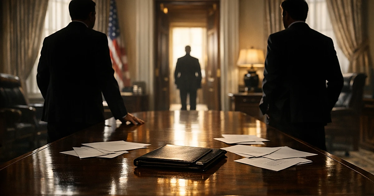 Two silhouetted figures stand at opposite ends of executive office table with observer in distant doorway