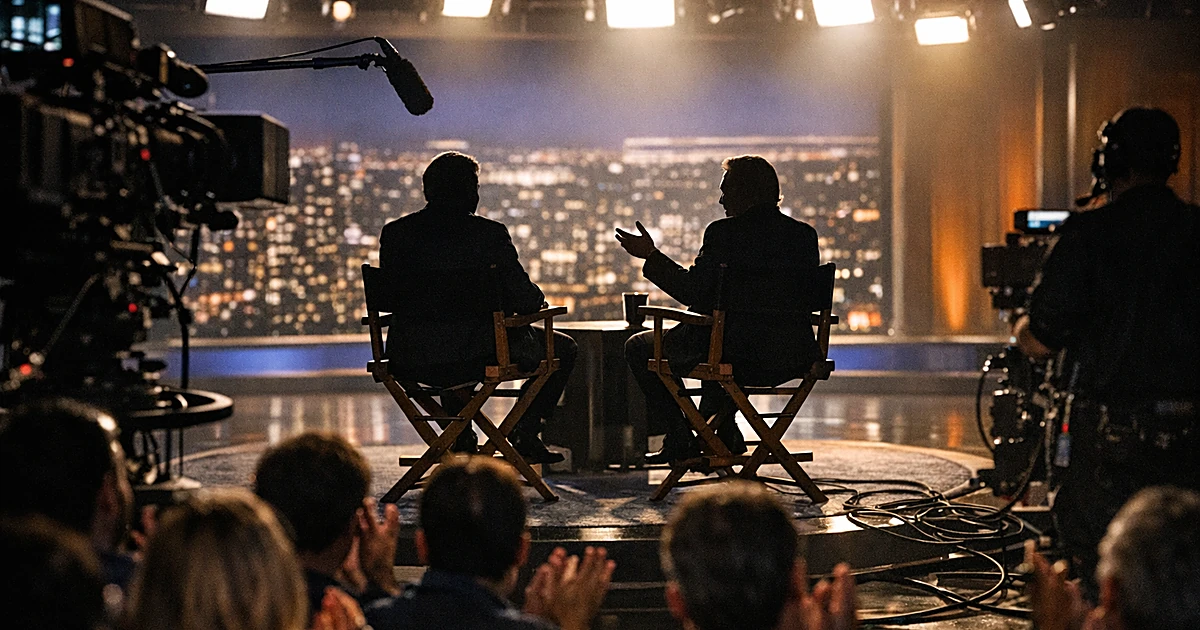 Television studio set with silhouetted figures in chairs under stage lights during live taping