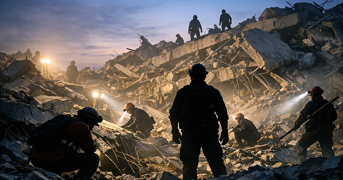 Rescue workers search through collapsed concrete building rubble under emergency floodlights at dusk