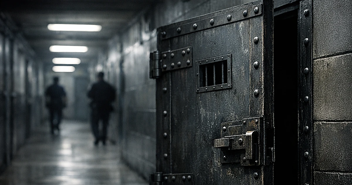 Heavy steel prison cell door slightly open in dimly lit institutional corridor with concrete walls