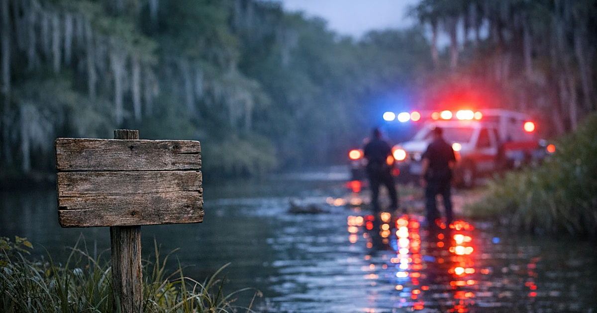 Warning sign at edge of dark Florida river with emergency lights reflecting on water at dusk