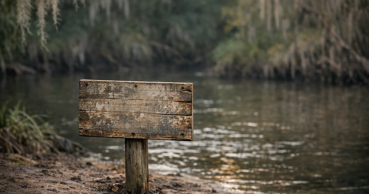 Warning sign on post at edge of dark river with disturbed muddy bank and blurred vegetation background